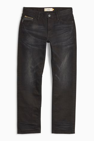 Black Washed Straight Fit Jeans With Leather Trim